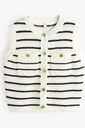 Next White Navy Stipe Stripe Crew Neck Button Up Waistcoat Co-Ord with Cotton M Reg