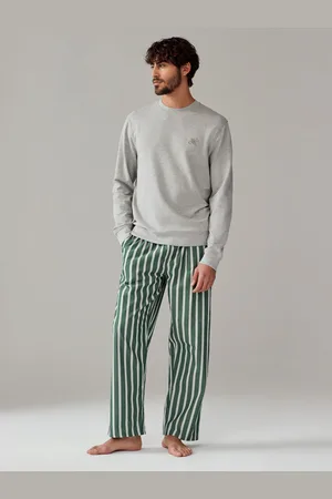 Next Grey/Green Stripe Woven Sweatshirt Pyjamas Set L Reg