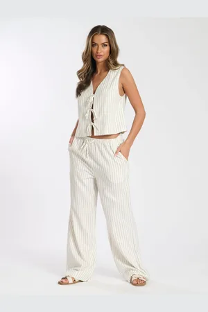 South Beach Cream Stripe Linen Blend Trousers AU 14