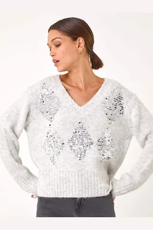 Roman Grey Sequin Detail V-Neck Knit Jumper One