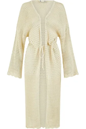 Yumi Cream Crochet Long Line 100% Cotton Cardigan With Ties Front M-L