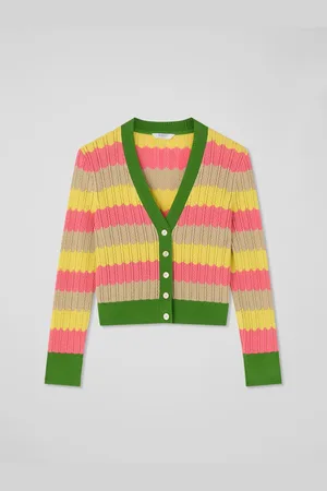 LK Bennett Green Cinzia Treetop Multicoloured Cotton Blend Zig Zag Pointelle Knit Cardigan S