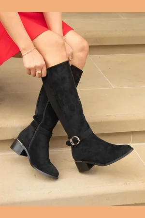 Linzi Black Suede Gwen High Leg Heeled Boots With Buckle Detailing AU 10 (EU 41)