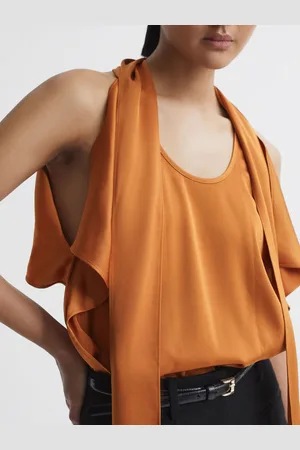 Reiss Rust Camilla Tie Neck Draped Satin Blouse AU 6