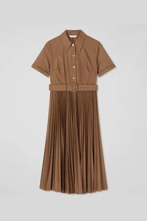 LK Bennett Cally Mocha Pleated Cotton Shirt Dress AU 14