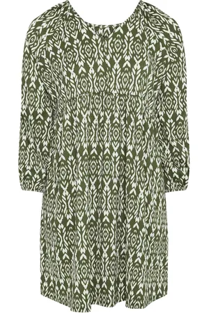 Evans Olive Ikat Crinkle Midi Dress AU 30-32