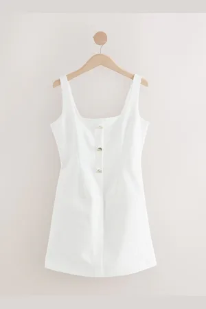 Next Square Neck Gold Button Mini Dress AU 16