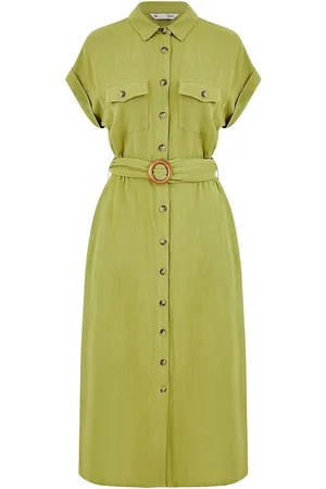 Yumi Viscose Look Midi Shirt Dress With Wooden Belt AU 10