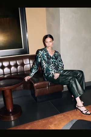 Whistles Green Misty Leopard Print V-Neck Blouse AU 6