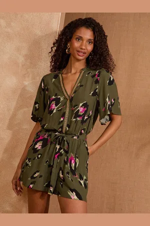 Love & Roses Khaki Green Angel Sleeve Beaded Playsuit AU 16