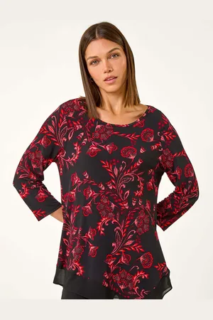 Roman Red Floral Chiffon Tunics Top AU 12