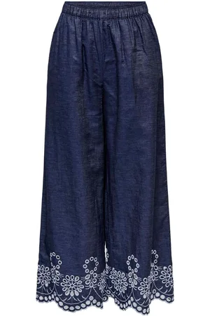 JDY Blue 100% Cotton Embroidery Detail High Waisted Trousers