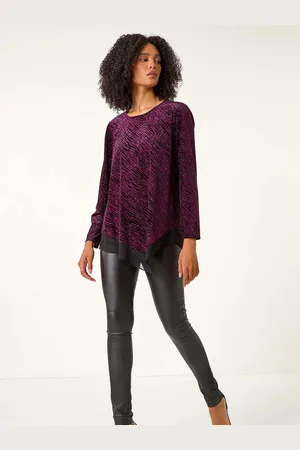 Roman Purple Animal Print Chiffon Hem Stretch Tunic Top AU 18