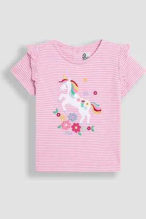 JoJo Maman Bébé Fuchsia Pink Unicorn Appliqué Frill Shoulder T-Shirt 6