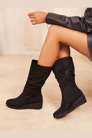 Friends Like These Black Standard fit Wedge Heel Ruched Faux Suede Calf Boots AU 5 (EU 36)