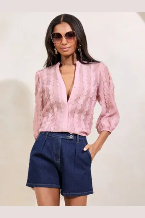 Lipsy London Pink 3D Fabric Grandad Collar Short Sleeve Shirt AU 14