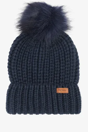 Barbour Navy Saltburn Cable Knit Pom Beanie Logo Hat One