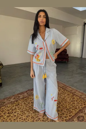 Never Fully Dressed Blue Seersucker Embroidered 100% Cotton Button Through Pyjamas AU 10