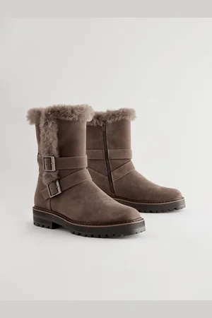 Next Mink Brown Forever Comfort Faux Fur Double Buckle Ankle Boots AU 8.5 (EU 40)