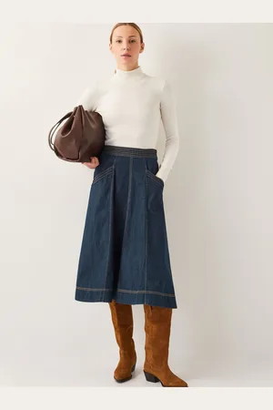 Monsoon Harper Seamed Denim 100% Cotton Midi Skirt S