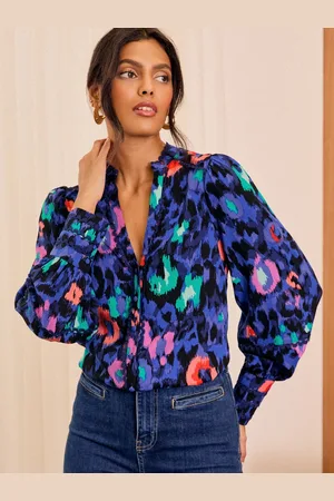 Love & Roses Blue Animal Leopard Print Ric Rac Notch Neck Long Sleeve Blouse AU 10