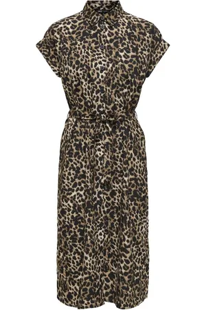 ONLY Leopard Print Belted Midi Shirt Dress AU 14