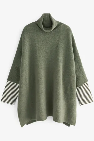 Next Khaki/Green Knitted Poncho with Stripe Sleeve M-L
