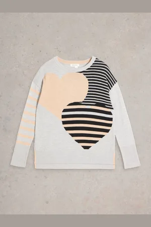 White Stuff Natural Olive Stripe Heart Jumper AU 14