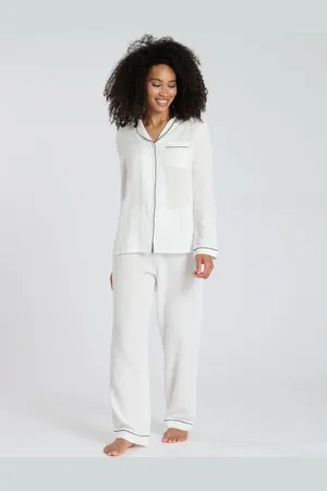 Loungeable White Crinkle Traditional Long Sleeve Pyjamas Set L
