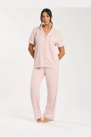 Loungeable Pink Super Soft Jersey Rib Traditional Short Sleeve Long Pyjamas Set L