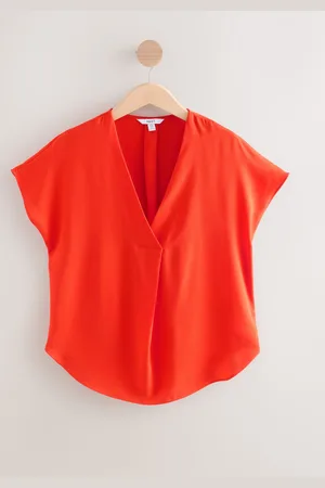 Next Bright Red Relaxed Fit Short Sleeve Overhead V-Neck Blouse AU 20