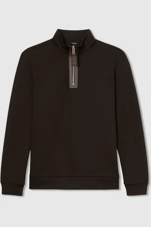 Reiss Chocolate Brown Hale Leather-Placket Interlock-Jersey Sweatshirt M