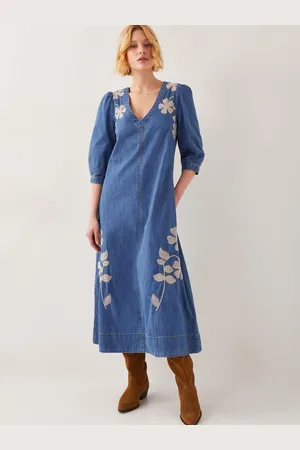Monsoon Fallon Floral Print Embroidered Denim 100% Cotton Midi Dress XXL