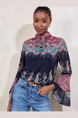 Lipsy London Paisley Printed High Neck Flute Sleeve Blouse AU 10
