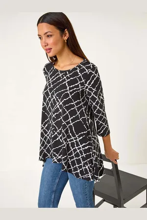 Roman Black Abstract Check Print Asymmetric Tunic AU 12