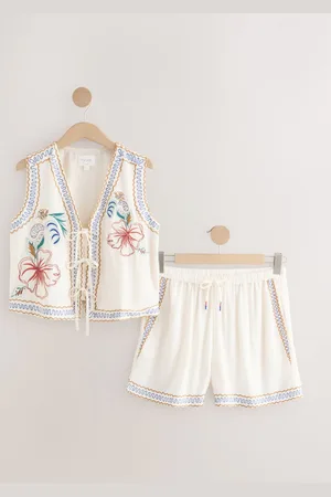 Next Ecru Embroidered Tie Vest Short Set Pyjamas 22