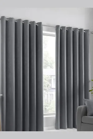 FUSION Grey Strata Room Darkening Woven Pair of Eyelet Curtains 168x183cm