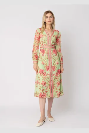 RAISHMA Naomi V-Neck Tie Belt Long Sleeved a Line Floral Print Dress AU 12