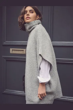 Next Grey Roll Neck Knitted Containing Alpacca Wool Poncho S-M