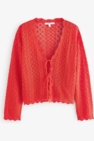 Next Red Orange Lace Knit Tie Front Cardigan with Linen XL Reg