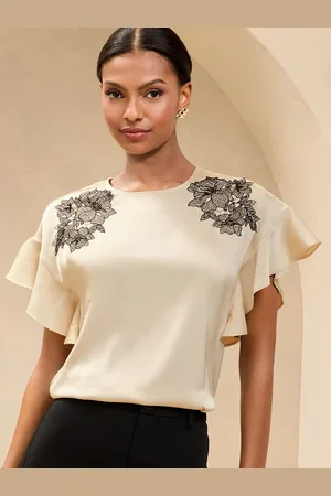 Lipsy London Cream Flutter Sleeve Blouse With Lace Detail AU 14