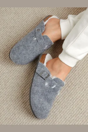 Threadbare Grey Felt Faux Fur Lined Clog Mule Slippers AU 5.5 (EU 37)