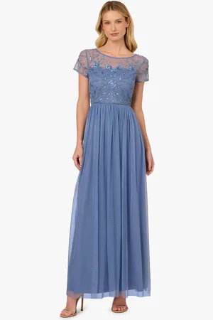 Adrianna Papell Studio Beaded Mesh Shirred Dress AU 10