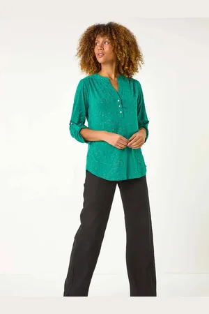 Roman Green Grey Metallic Linear Floral Stretch Blouses AU 12