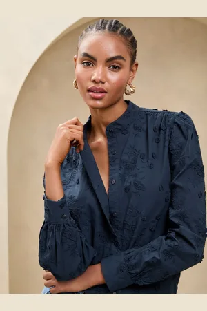 Lipsy London Navy Long Sleeve Grandad 3D Floral Blouse AU 14