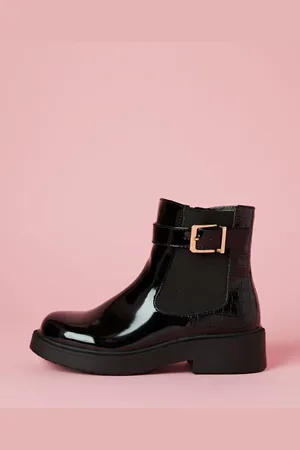 Lipsy London Black Flat Patent Buckle Chelsea Boots AU 1 (EU 33)