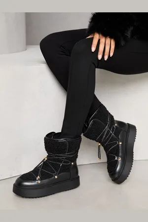Lipsy London Black Chunky Faux Leather Snow Boots With Faux Fur Lining AU 5 (EU 36)