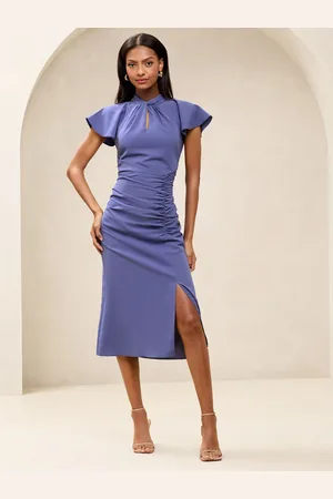 Lipsy London Short Sleeve Ruched Keyhole Fit And Flare Midi Dress AU 8