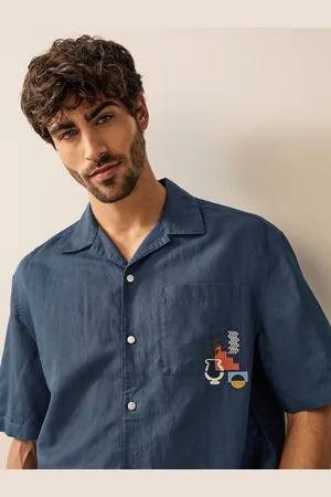 Next Short Sleeve Linen Blend Embroidered Shirt With Cuban Collar XL