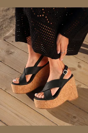 Linzi Black Santana Crossover Front Strap High Wedge AU 8 (EU 39)
